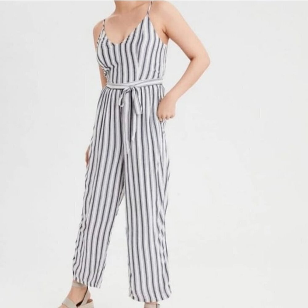 American Eagle Belted Navy & White Striped Jumpsuit Size Small